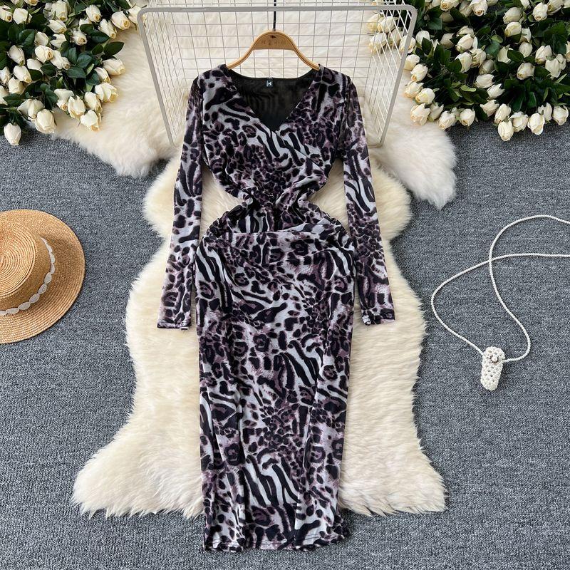 Adult Lady like Woman Fancy Women's Clothing Dress Scheming Ruched Silm Slim Looking Temperament Long Sleeve Mesh Floral Print Hip Skirt