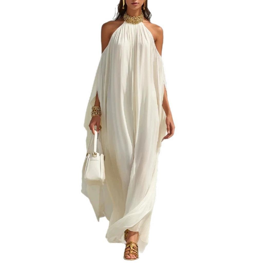 Women's Solid Chiffon Halter Tie Off-shoulder Loose Long Maxi Dress, Casual Summer Sundress For Ladies