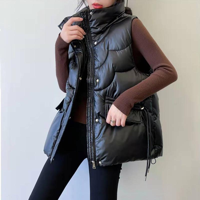 Donna Autunno Inverno Soild Colore brillante Addensare Capispalla Cotone imbottito Colletto alla coreana Senza maniche Giacca calda Cappotto Gilet