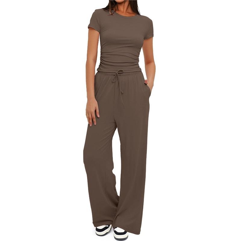Women's 2 Piece Outfit Short Sleeve T-Shirt Wide Leg Pants Casual Tracksuit