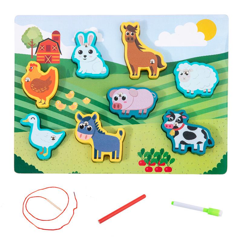 Children's Double-Sided Wooden Activity Board: Matching, Stringing, Drawing, Beading, and Fishing Educational Toy