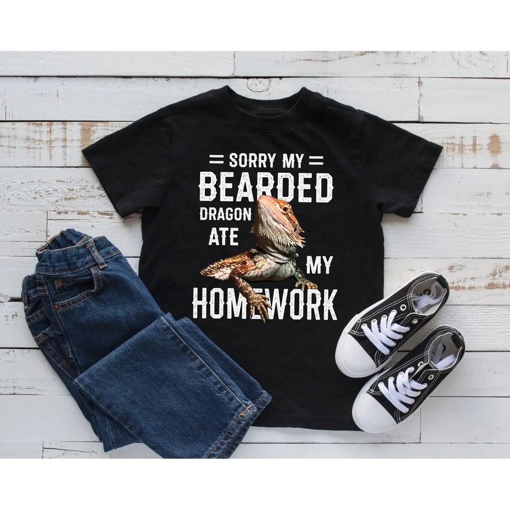 Sorry My Bearded Dragon Ate Homework Funny Kids T Shirt Reptile Lizard Lover Casual for Boys Girls Vintage Washed Homme