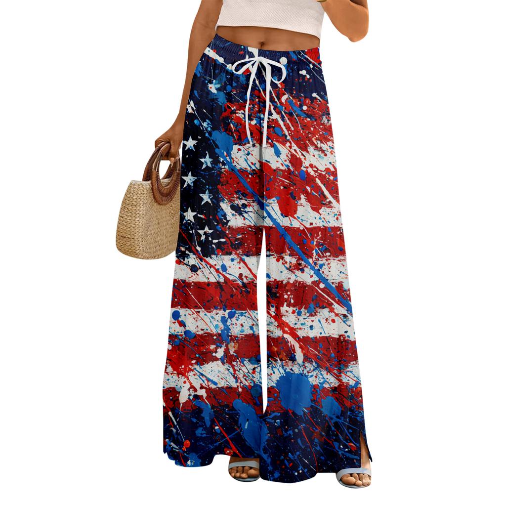 Women Summer Boho Palazzo Pants High Waist Wide Leg Floral Printing Casual Trousers With Pockets