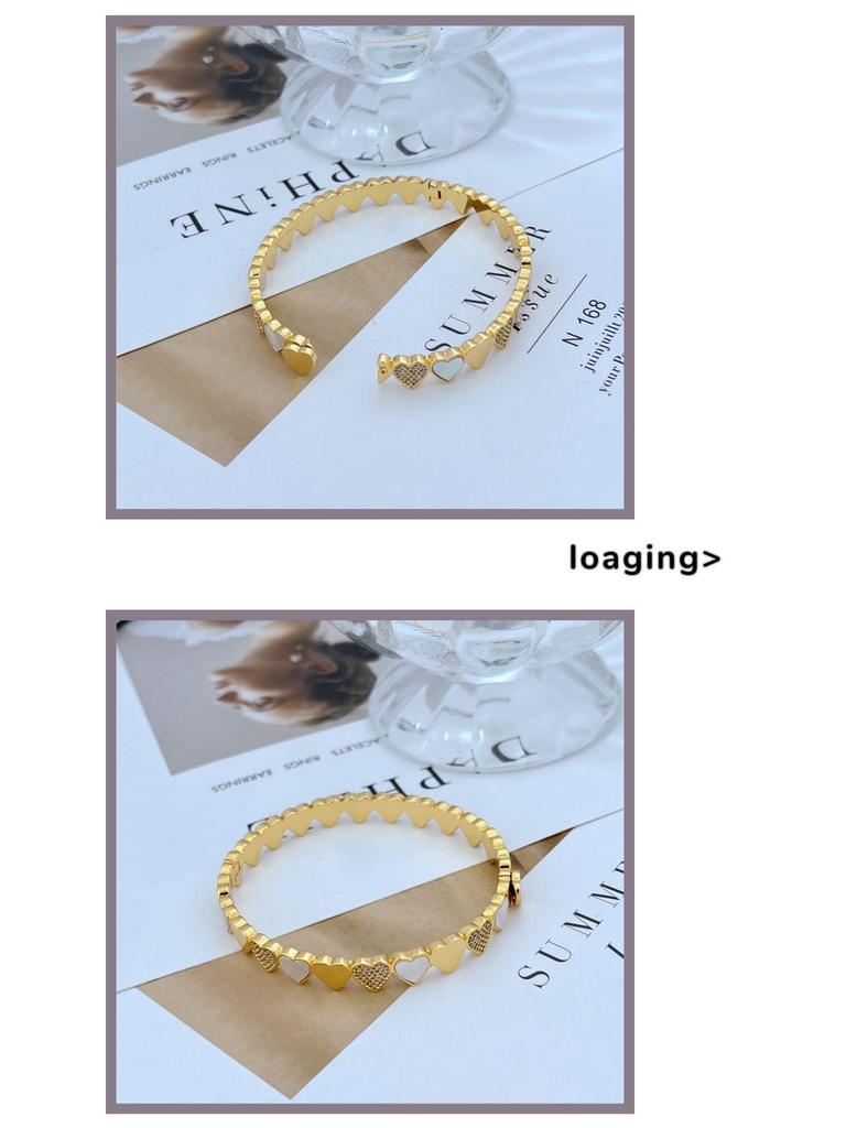 Exquisite Heart-Shaped Metal Bangle with Natural Shell & Zircon Inlay