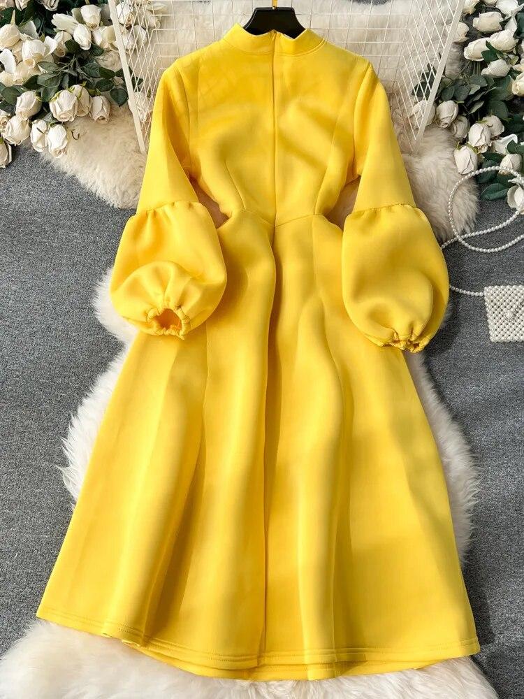 Dámské šaty ve sladkém stylu s mašlí Lucerna s dlouhým rukávem Jednobarevné šaty s vysokým pasem podzim zima 2024 Novinka