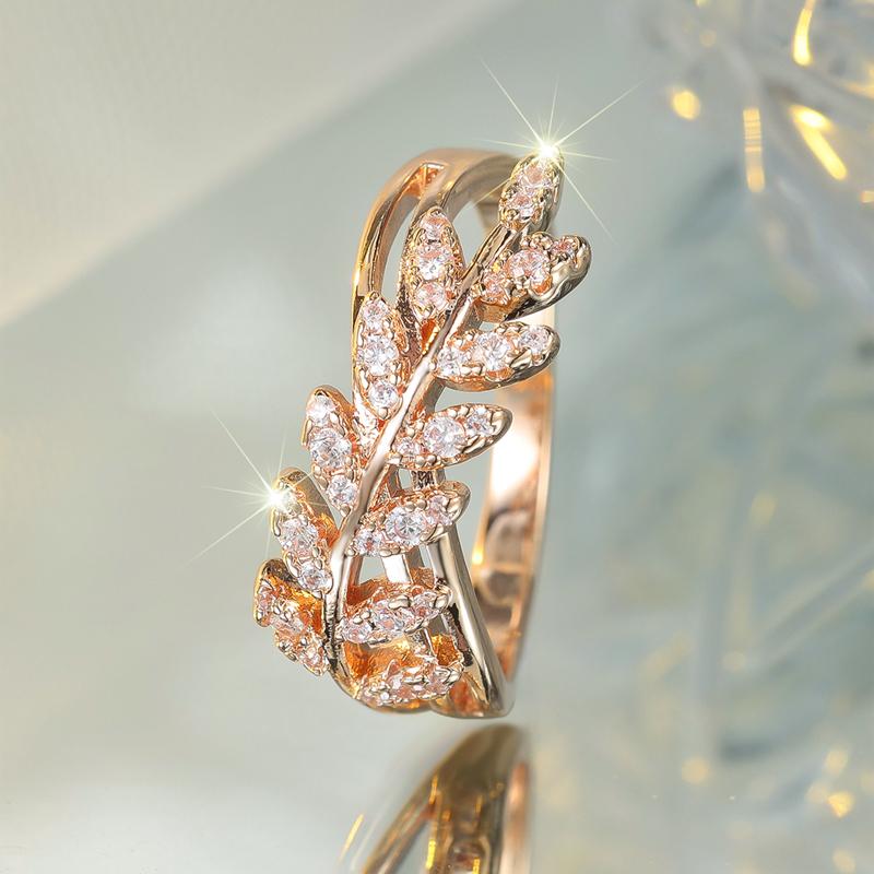 Anelli vintage con foglia di zircone bianco per donna, anello di fidanzamento di lusso color oro rosa per matrimonio