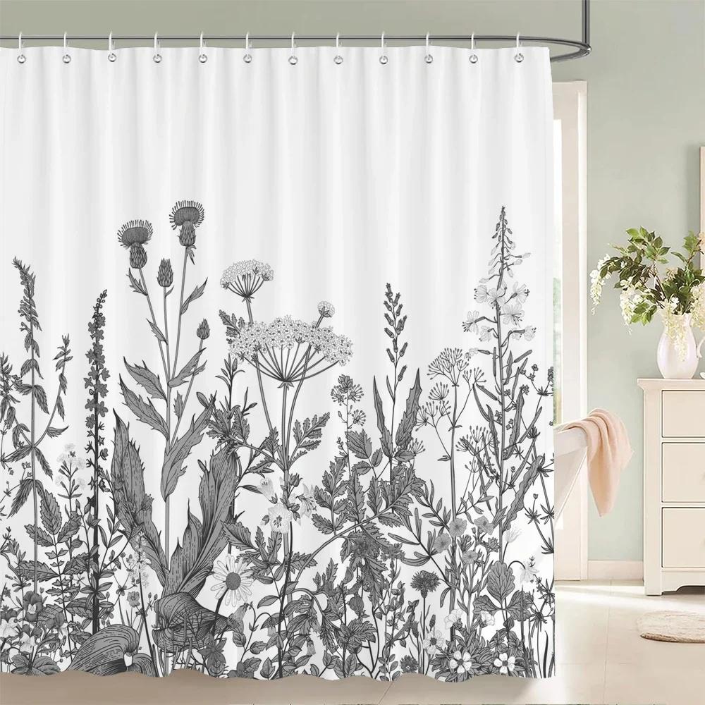 Nordic style Flower Leaf Plant Printed Fabric Shower Curtains Floral Bath Screen Waterproof Products Bathroom Decor with Hooks