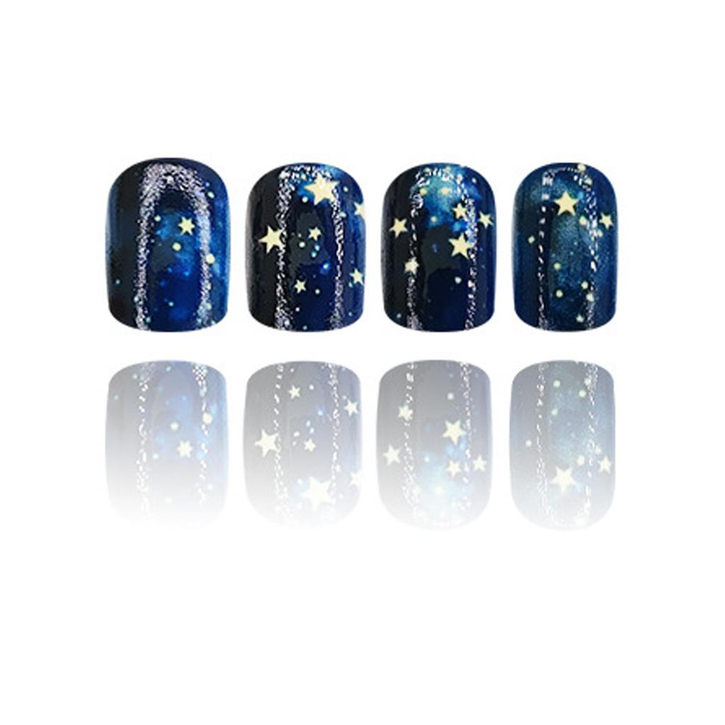 24Pcs Blue Press On Nail Short Square False Nail with Dark Blue Starry Sky Designs Glossy Stick On Nail for Women