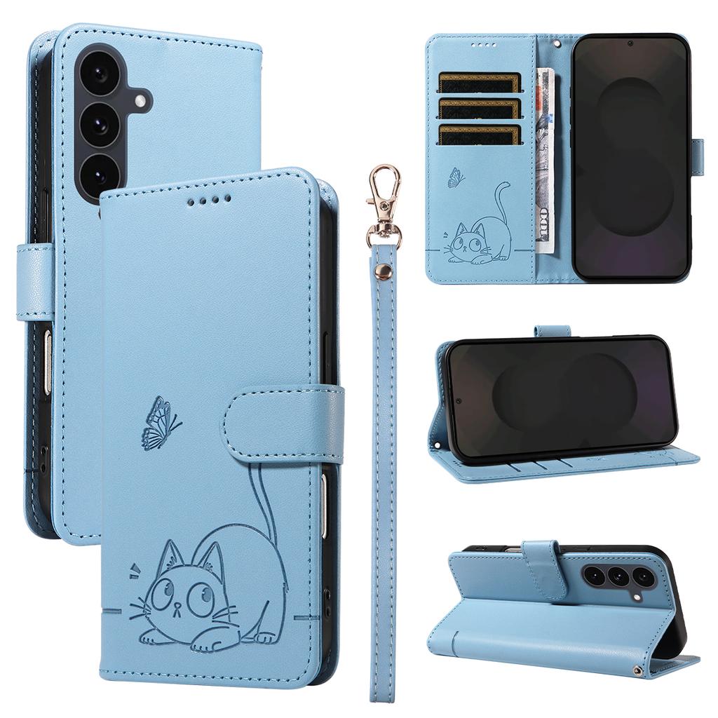 For Samsung Galaxy S25 FE Case Cat Pattern Imprint Leather Phone Cover with Wrist Strap