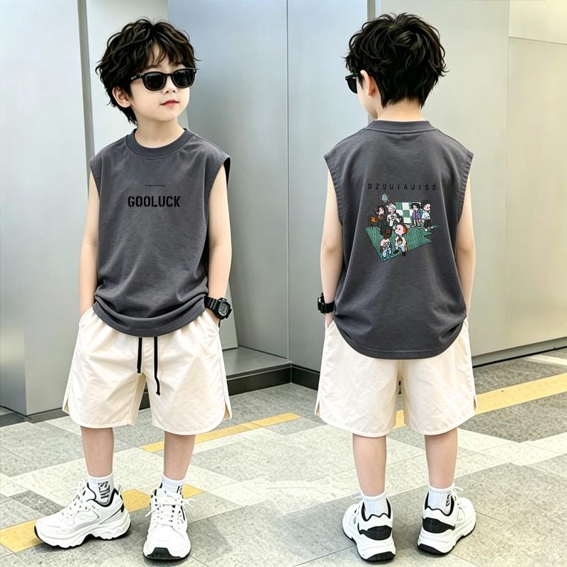 Boys' Trendy Cotton Sleeveless Vest & Shorts Set - Summer Two-Piece for Medium and Large Children
