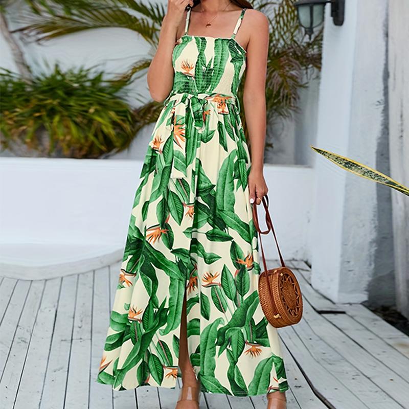 Dámské letní plážové šaty v bohémském stylu s potiskem rozdělených listů