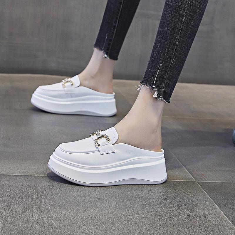 6Cm height increase real soft leather bag head half slippers women 2025 autumn new Internet celebrity thick sole without heel lazy shoes tide