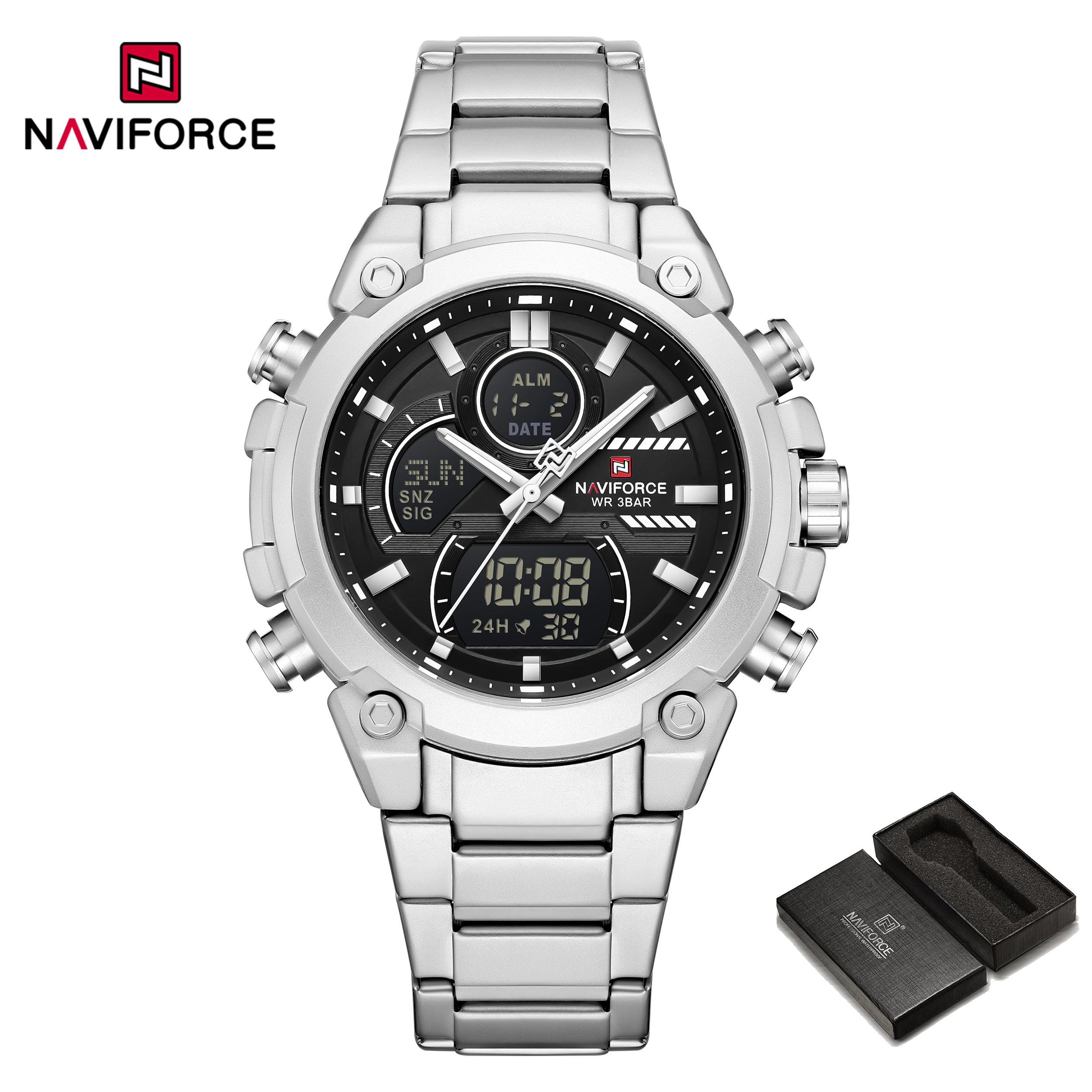 

Мужские часы NAVIFORCE с двойным временем, кварцевый механизм, ЖК-дисплей, цифровой хронограф, люминесцентные стрелки, ремешок из нержавеющей стали, водонепроницаемые мужские часы NF9278 чёрный/серебряный
