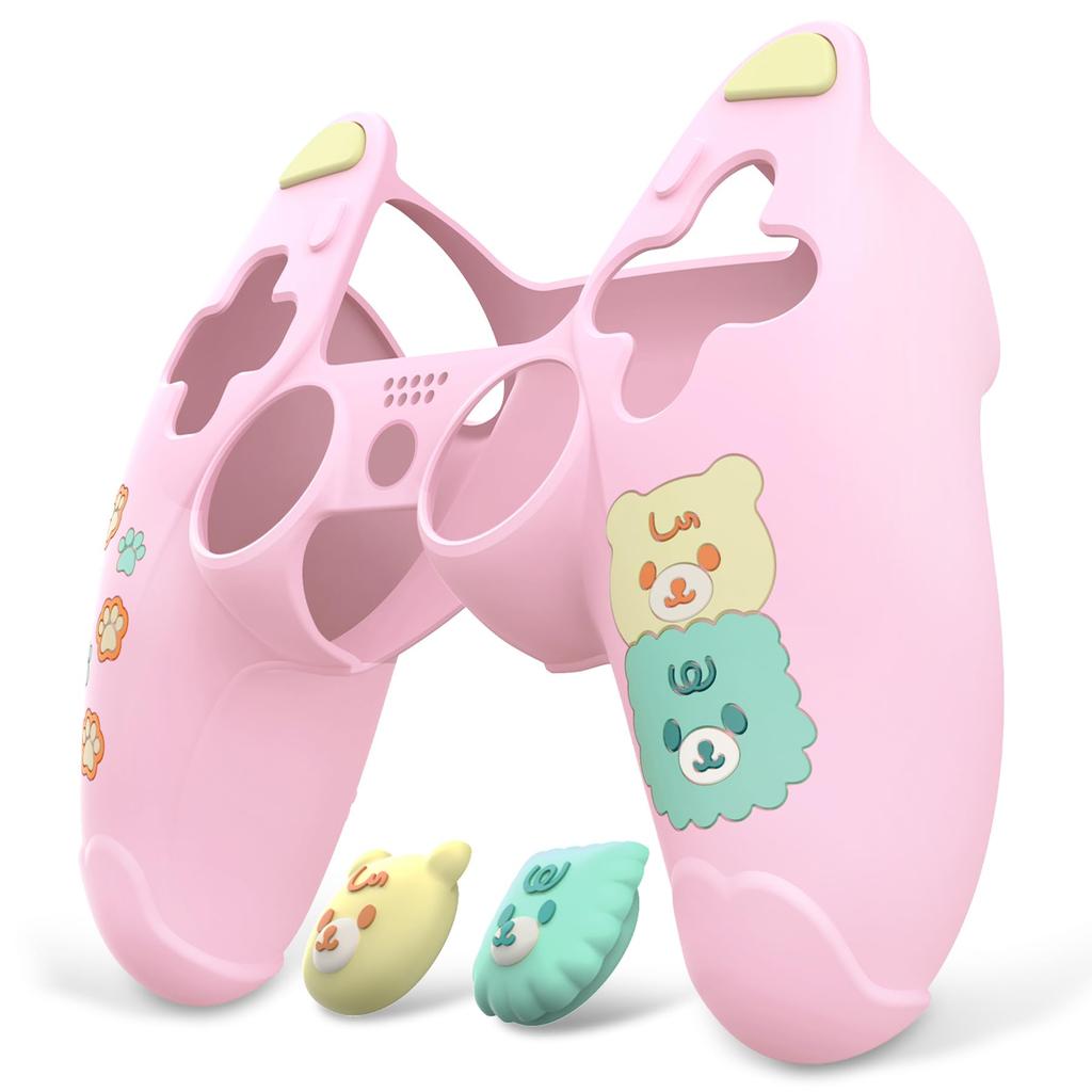 Silicone cover compatible with PlayVital ps5 compatible with charging station with cute bear style cover thumbstick cap cover touch pad sticker