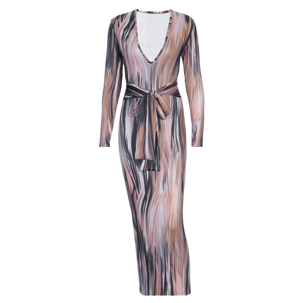 Fashion Womens Loose Personality Print Long Sleeve V-neck Dress Casual Dress