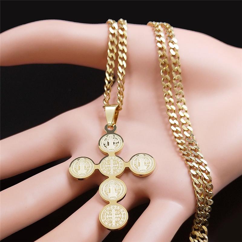 Fashion Stainless Steel Cross Necklace for Women Men Saint Benedict Gold Color Necklaces Jewelry Gifts Collar Cruz N3450S05