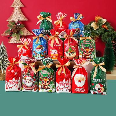 50pcs New Year 2025 Candy Bag Santa Gift Bag Snowflake Crisp Drawstring Bag Merry Christmas Decorations for Home Noel Present