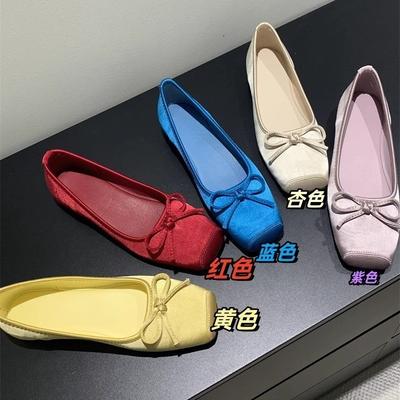 Gentle Evening Wind Ballet Shoes French Sweet Bow Blue Square Head Shallow Mouth Inner Height Increase Evening Wind Ladyshoes