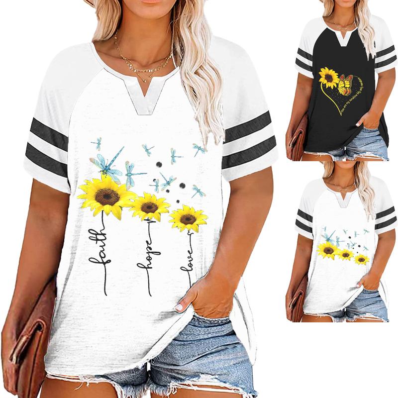 Buy Women Summer Floral Print T Shirt V Neck Loose Top Casual Short ...