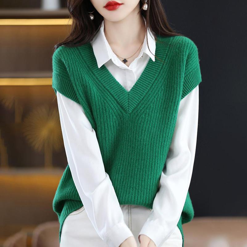 Dzianinowa kamizelka damska z dekoltem w szpic, jednokolorowa, luźna bluza, wygodne, ciepłe, wszechstronne, dzianinowe bluzki bez rękawów