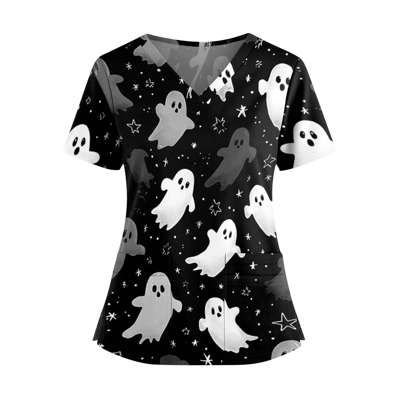Women Halloween Printed V Neck Short Sleeve Split Hem Dual Pocket Scrub Top Nurse Shirt L чёрный