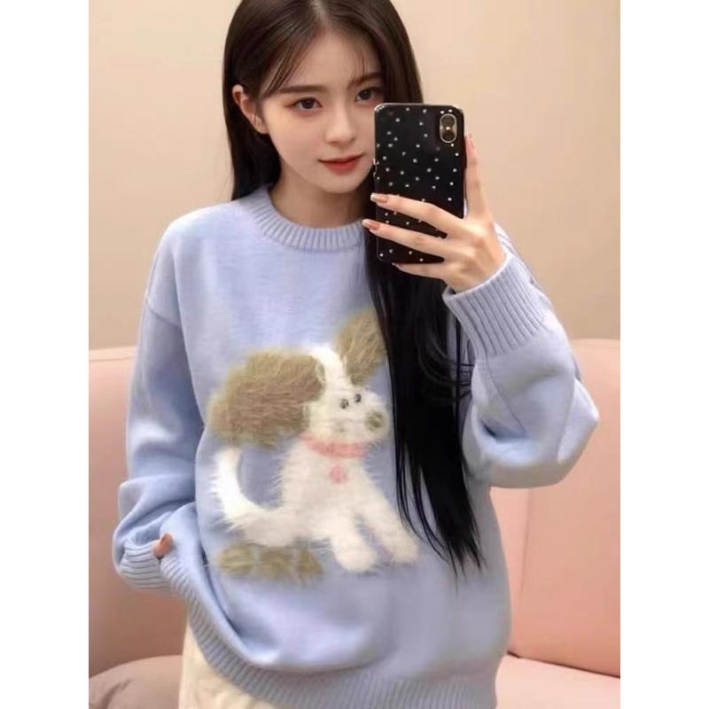 Autumn and Winter Crew Neck Pullover Black Lazy Wind Sweater Women's Soft Waxy Milk Ufu Loose Outer Wear Knitted Sweater Top