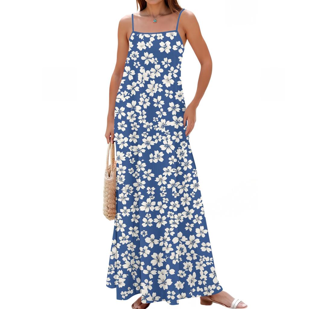 Women's Spring And Summer Casual Fashion Adjustable Suspenders Printed Long Dress