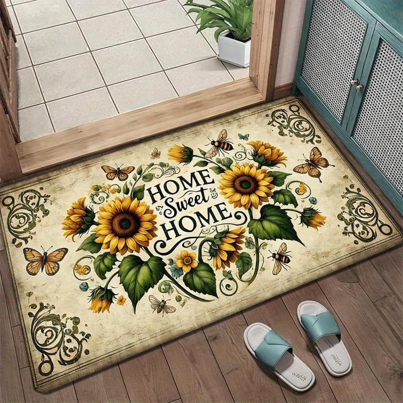 

Sunflower and Bee Print Rural Style Decoration Welcome Mat, Countryside Style Sunflower Pattern Anti Slip Soft Texture Mat 40x60cm