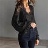 Camicetta da Donna in Chiffon con Scollo a V, Patchwork di Pizzo Floreale, Maniche Lunghe a Sbuffo con Volant