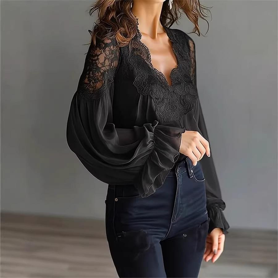 Camicetta da Donna in Chiffon con Scollo a V, Patchwork di Pizzo Floreale, Maniche Lunghe a Sbuffo con Volant