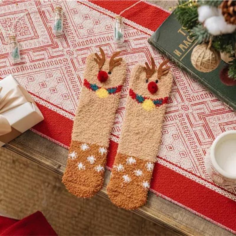 Herbst- und Winter-Weihnachtssocken für Damen: Nicht fusselnde Korallenfleece-Socken, Verdickte warme Cartoon-Halbfleece-Mittelwaden-Socken, Bodensocken