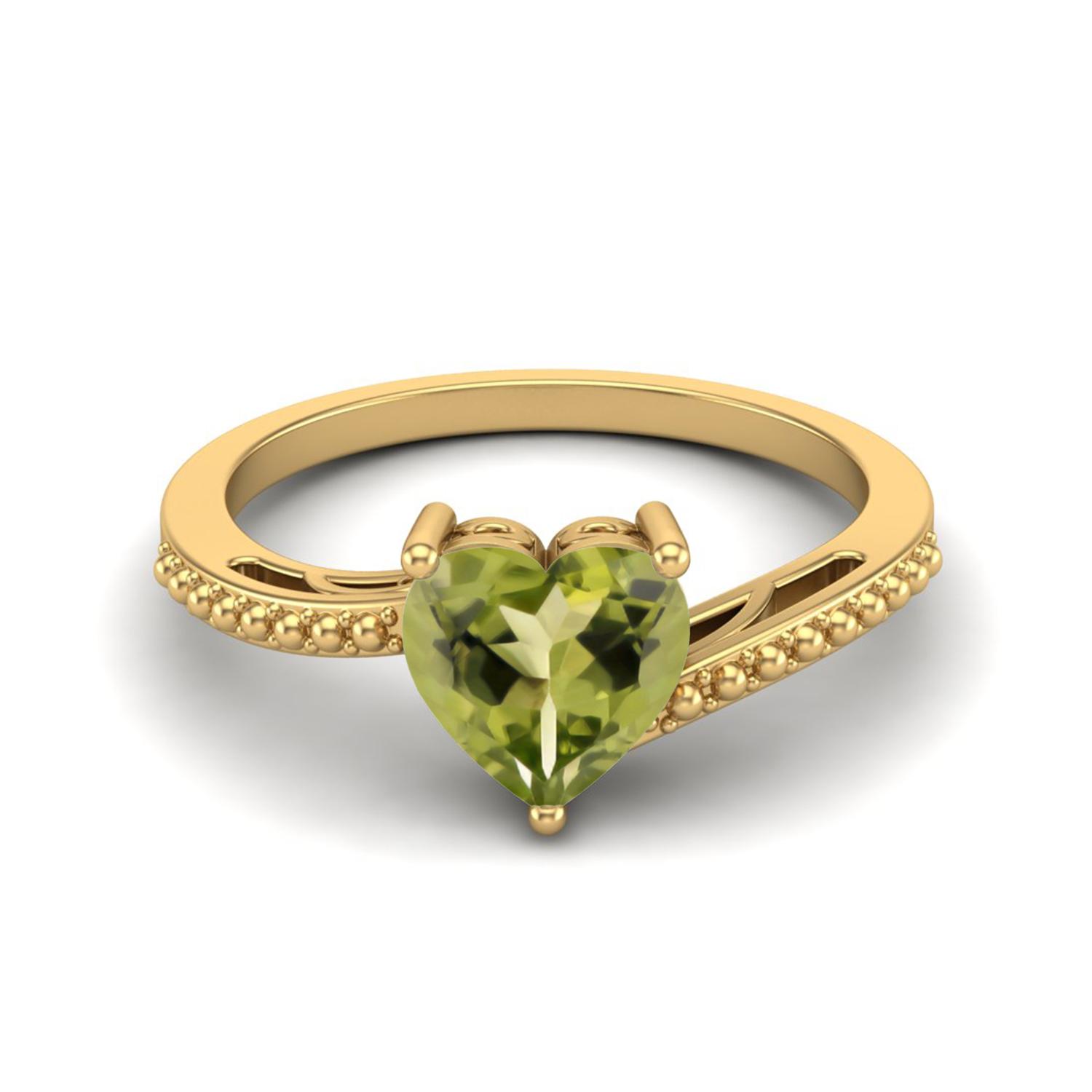 7mm Heart Peridot 925 Sterling Silver Gold Vermeil Solitaire Beaded Shank Women Wedding Ring 5