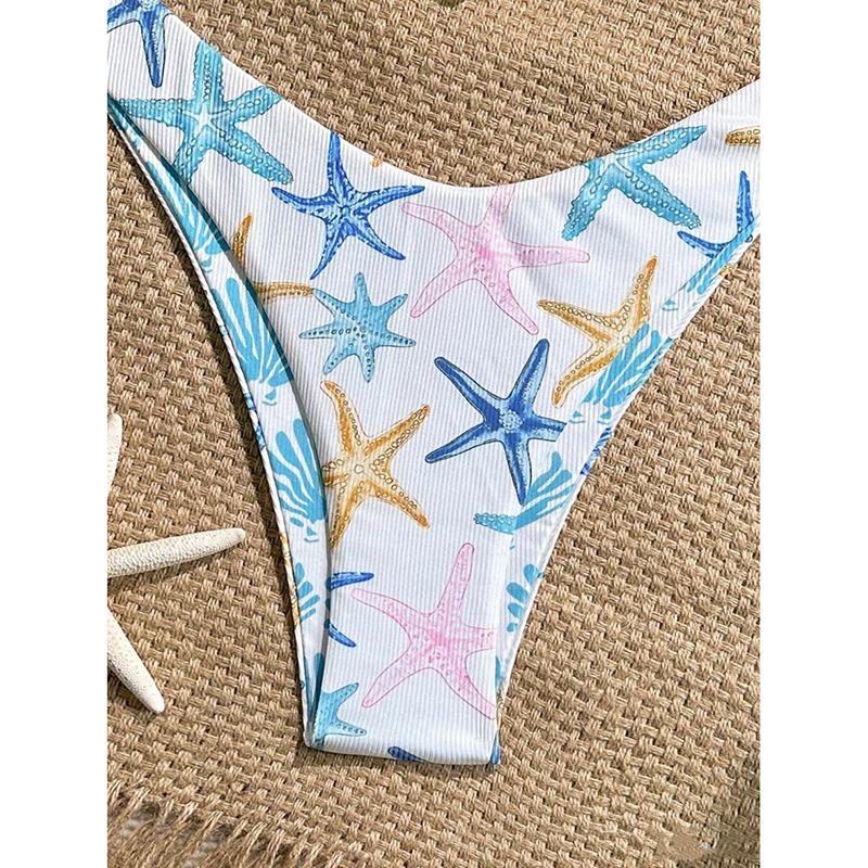 New Sexy Lace Up Neck Starfish Print Set Swimsuit Bikini Low Waist Bikinis Swimwear Beach Swimsuit Swimwear
