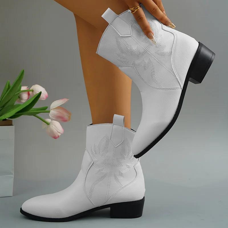 

Винтажная вышивка женские ковбойские сапоги в стиле вестерн модные туфли без застежек осень-зима квадратный каблук женские короткие ботильоны 36