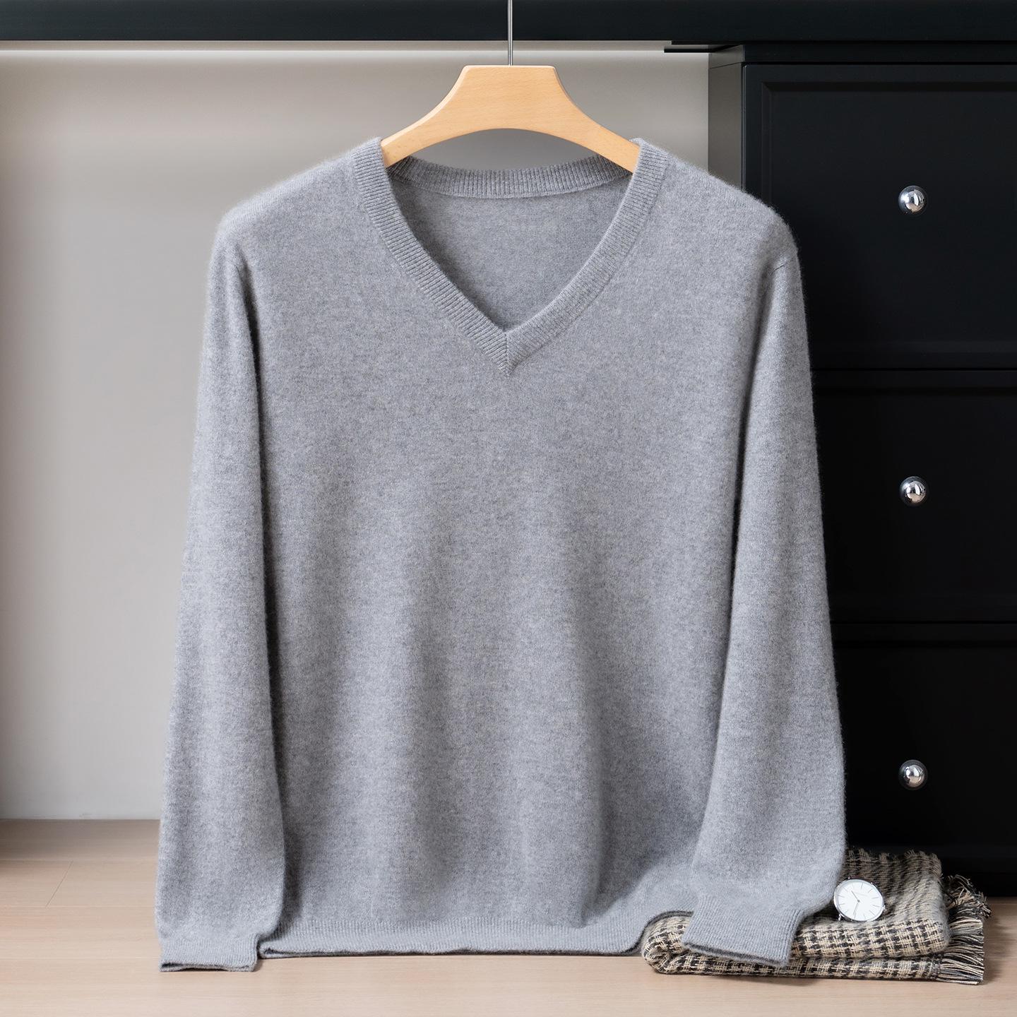 

Мужской свитер с V-образным вырезом из 100% кашемира, однотонный, базовый слой, для стиля business casual, вязаный - Новинка Осень/Зима XXL