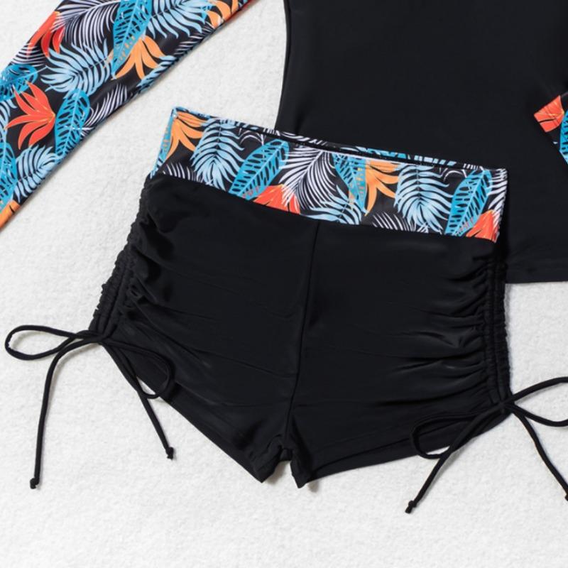 New women's zipper splicing printed long-sleeved boxers split competitive swimsuit