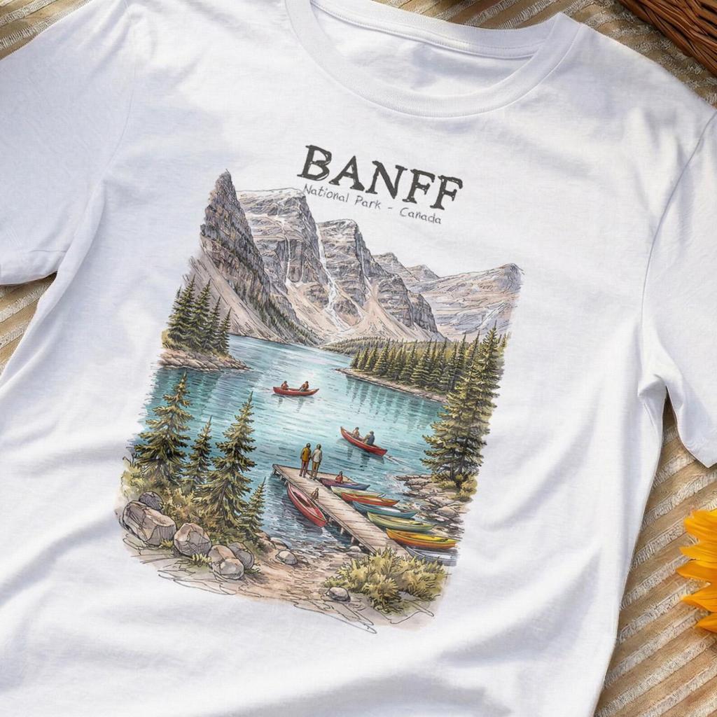 Banff National Park Vintage Shirt | Lake Canoes Canada Travel Tee | Mountain Landscape Moraine Lake Illustration