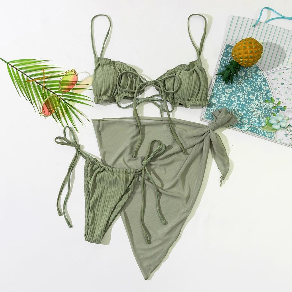 Neuer Damen einfarbiger Neckholder-Bikini 3-teiliges Set - High-Waist Mesh Split Badeanzug