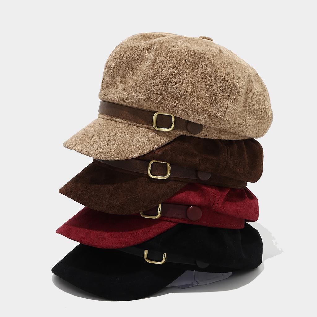 Retro simple suede metal buckle octagonal hat female autumn and winter temperament beret showing face small painter newsboy hat