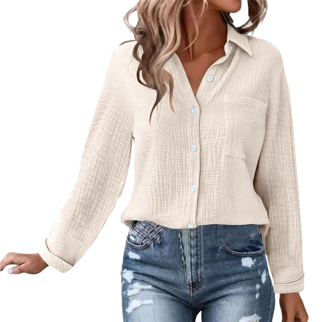 Damen Casual Mode Locker Langarm Stehkragen Einfarbig Leinenhemd