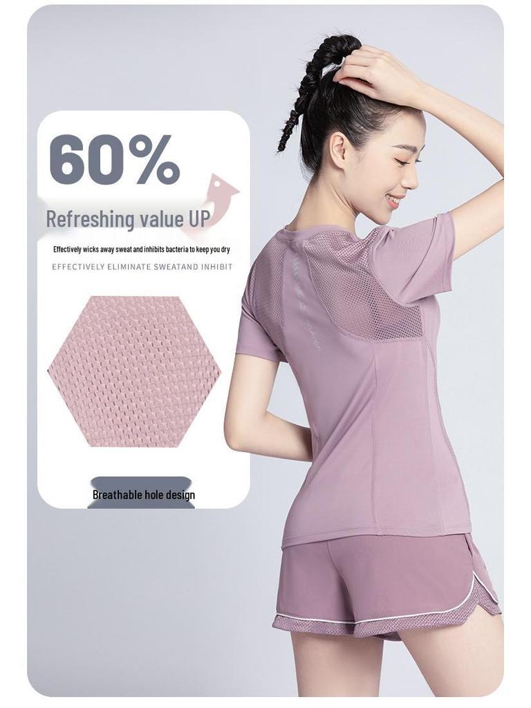 Women's Summer Yoga Outfit: Quick-Drying Short-Sleeve Top, Stretchy Mesh, Fashionable and Lightweight Fitness Wear for Morning Runs.