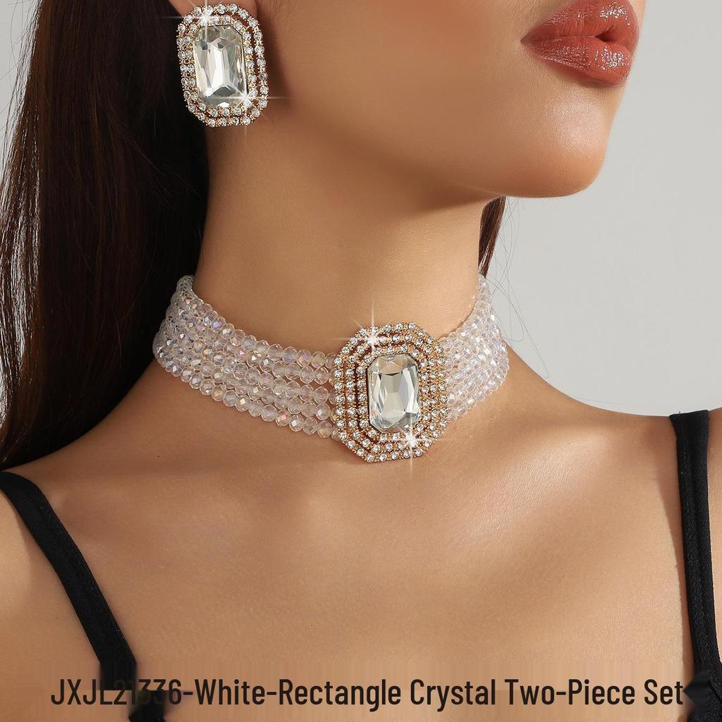 Set Colier Choker Geometric Rectangular din Sticlă de Cristal Multistrat de Lux și Cercei