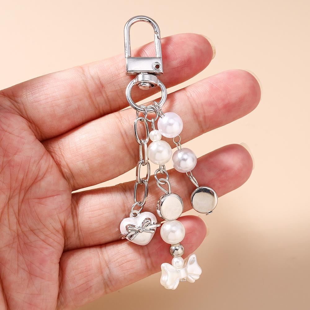 Cute Bowknot Keychain Women Girls Pearl Beaded Key Ring Pendants for Handbag Decor DIY Handmade Key Chain Gifts