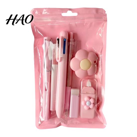 Portable Storage Stationery Case 7PCS Set, Macaron Color Gel Pens/Correction Tape/Cutter/Eraser Include, Learning Supplies Office Records with