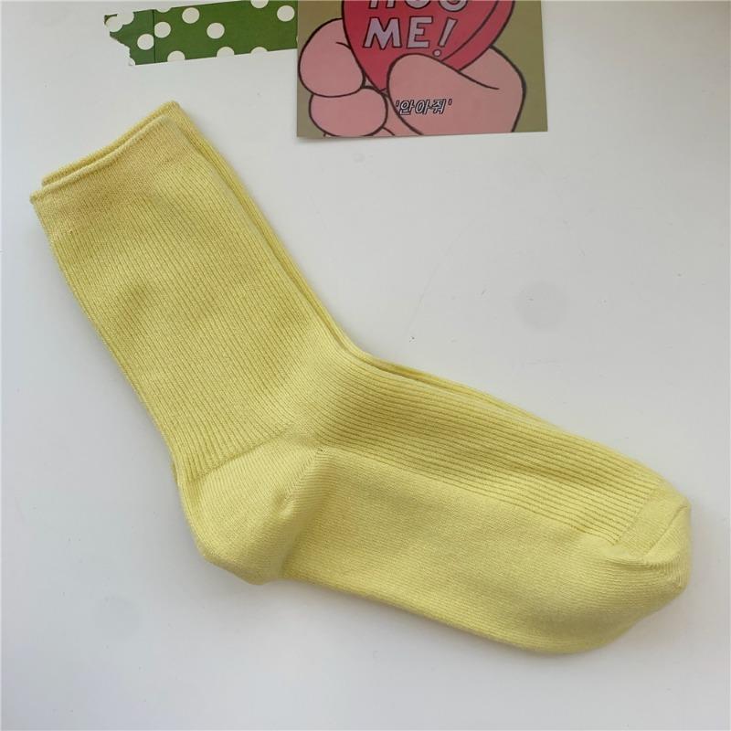Bomull Ensfarvede Sokker for Kvinner, Høst Tynne Tynne Stripete Frotte-sokker for Kvinner, Midt-legg Sokker