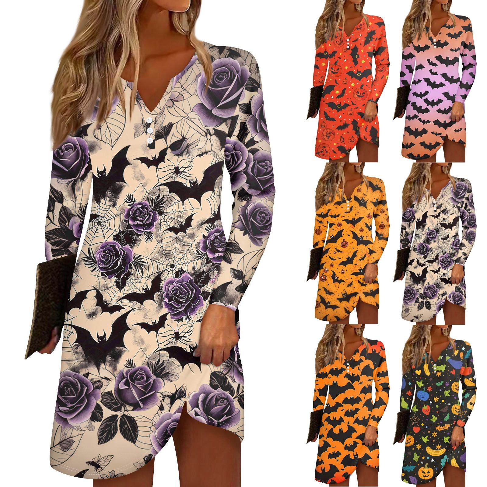 

Женское модное повседневное платье длиной до колена с принтом в виде хэллоуина и V-образным вырезом на пуговицах