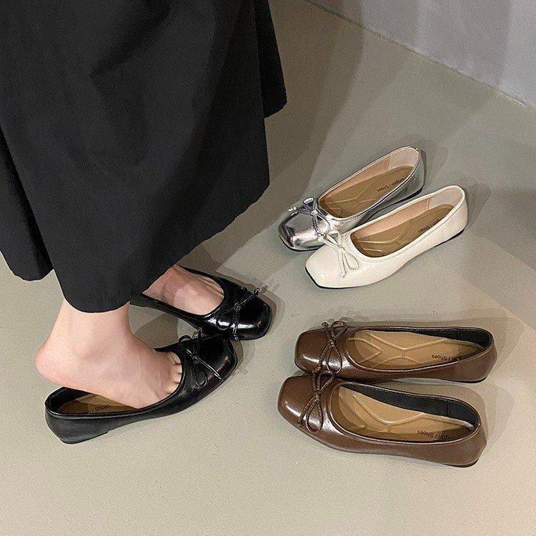 Silver  shoes light mouth bow spring new French gentle evening wind flat bottom ladyshoes women's shoes