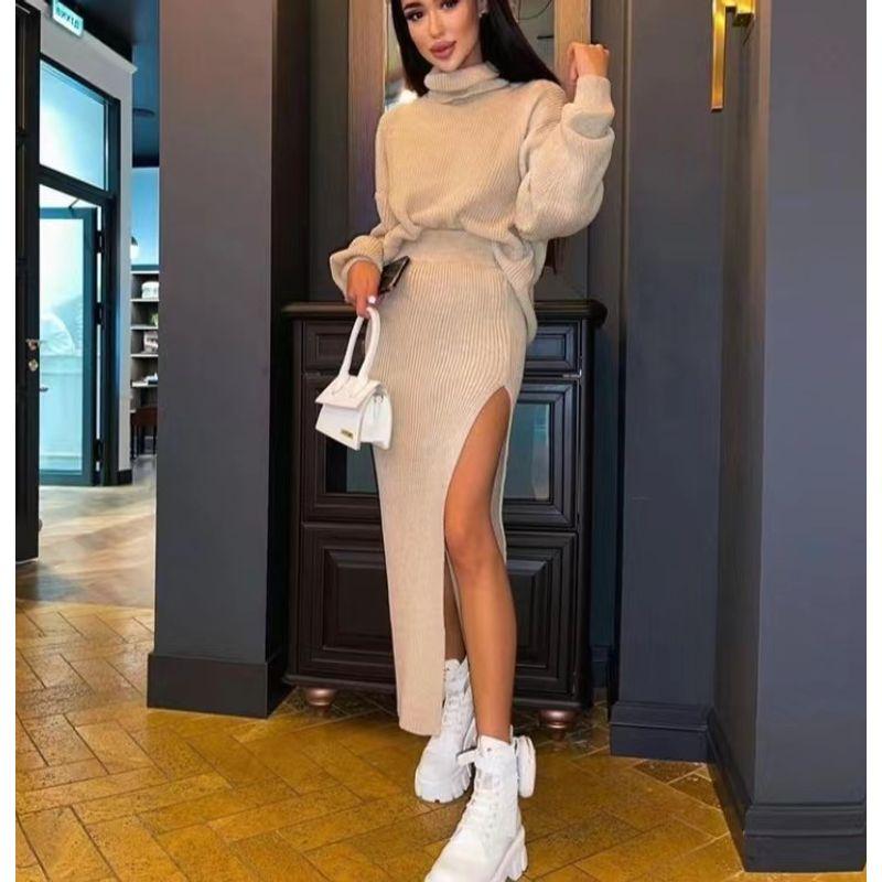 

Fashion Fall and Winter High Collar Loose Tops Sexy Slit Skirt Knitted Sweater Suit Knitted Suit Apricot M