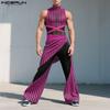 INCERUN 2PCS Men Sleeveless Striped Mesh Sheer Tank Tops Elastic Waist Layers Pants Sets