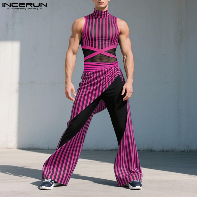 INCERUN 2PCS Men Sleeveless Striped Mesh Sheer Tank Tops Elastic Waist Layers Pants Sets